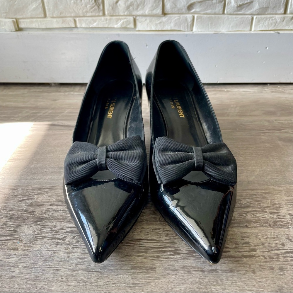 Yves Saint Laurent YSL Black Italian Patent Leather Bow Kitten Heel Size 40 - Picture 8 of 14